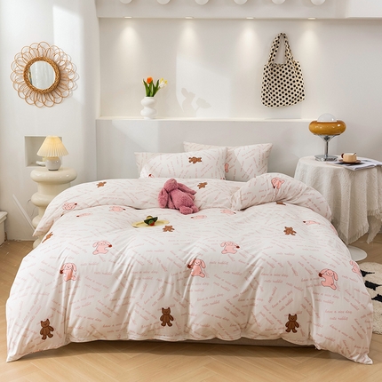 优姿家纺2024新款A类全棉针织棉系列四件套 菲尔熊-粉