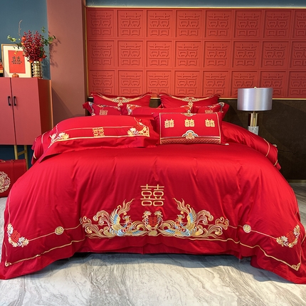 91家纺网 家纺一手货源 找家纺 佳汐蓝 2024新款100支全棉刺绣婚庆四件套多件套--浓情 喜得双凤