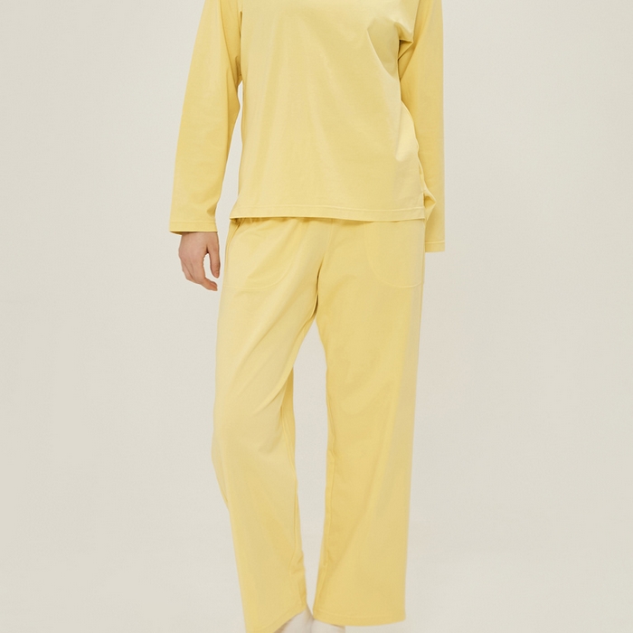 91家纺网 家纺一手货源 找家纺 EH 2024新款全棉男女情侣款家居服-男女款圆领 女款鹅黄色