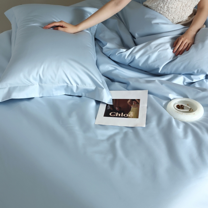 91家纺网 家纺一手货源 找家纺 轩和 2024新款70支埃及匹马棉纯棉纯色四件套风格二 天青蓝