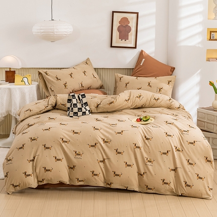 优姿家纺2024新款A类全棉针织棉系列四件套 线条狗-咖