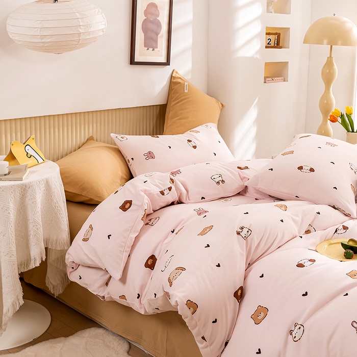 91家纺网 家纺一手货源 找家纺 优姿家纺2024新款A类全棉针织棉系列四件套 维尼家族-粉