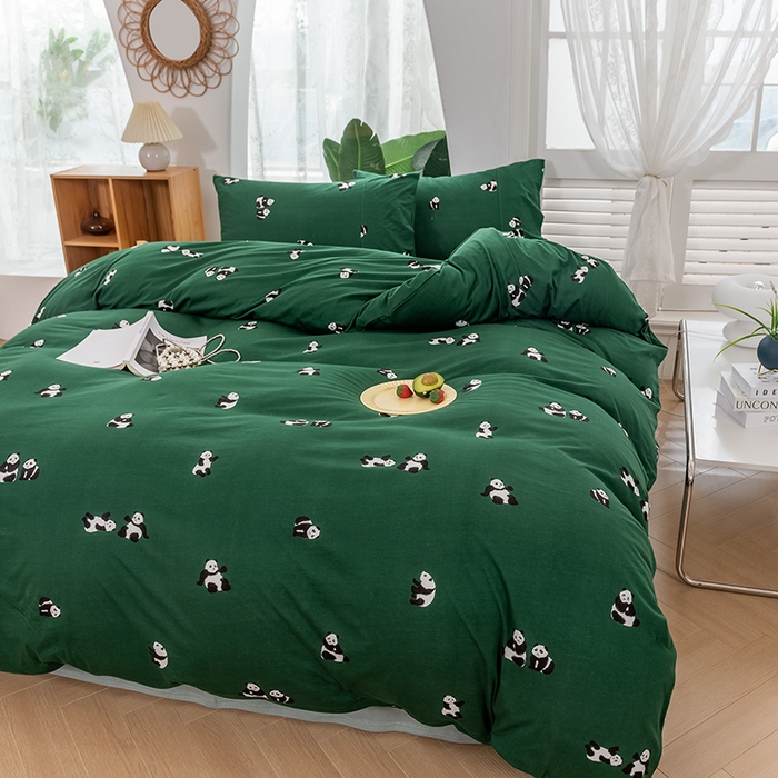 91家纺网 家纺一手货源 找家纺 优姿家纺2024新款A类全棉针织棉系列四件套 熊猫团子-绿