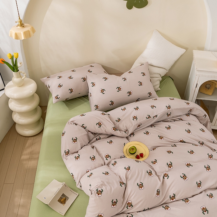 91家纺网 家纺一手货源 找家纺 优姿家纺2024新款A类全棉针织棉系列四件套 圣诞鹿-咖