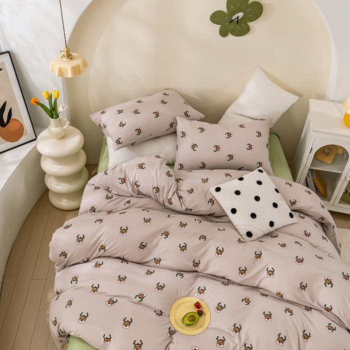 91家纺网 家纺一手货源 找家纺 优姿家纺2024新款A类全棉针织棉系列四件套 圣诞鹿-咖