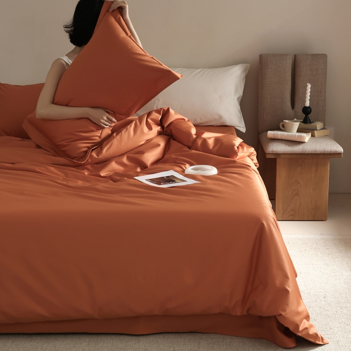 91家纺网 家纺一手货源 找家纺 轩和 2024新款70支埃及匹马棉纯棉纯色四件套风格二 玛仕橙