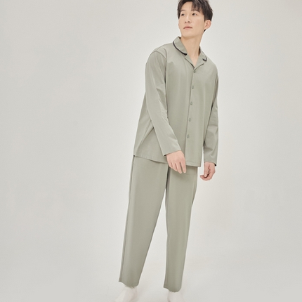 EH 2024新款全棉男女情侣款家居服-男女款翻领 男款灰绿色