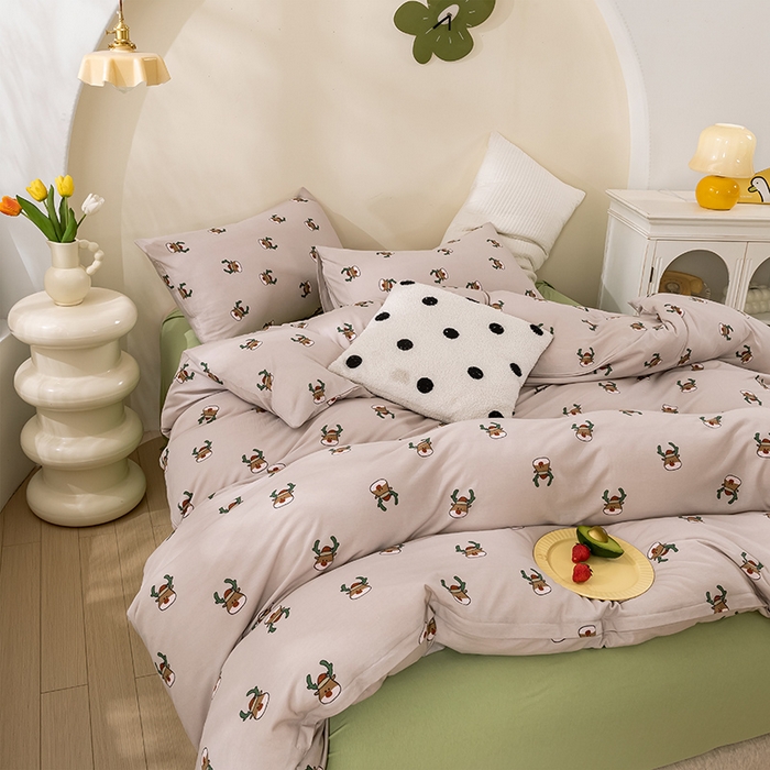 91家纺网 家纺一手货源 找家纺 优姿家纺2024新款A类全棉针织棉系列四件套 圣诞鹿-咖