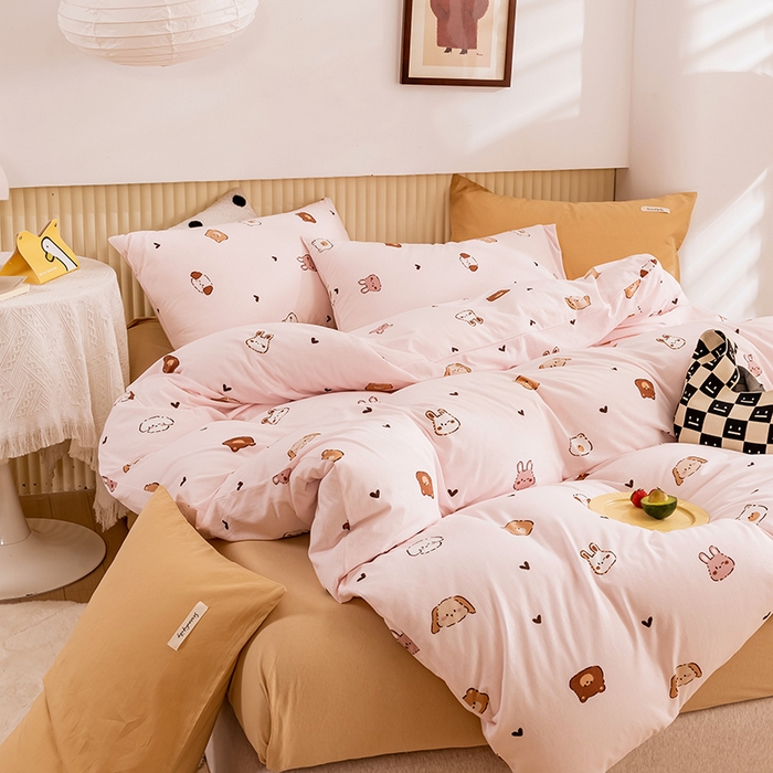 91家纺网 家纺一手货源 找家纺 优姿家纺2024新款A类全棉针织棉系列四件套 维尼家族-粉