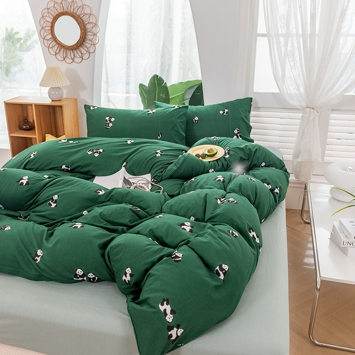 91家纺网 家纺一手货源 找家纺 优姿家纺2024新款A类全棉针织棉系列四件套 熊猫团子-绿