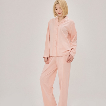 91家纺网 家纺一手货源 找家纺 EH 2024新款全棉男女情侣款家居服-女款翻领 霞粉色