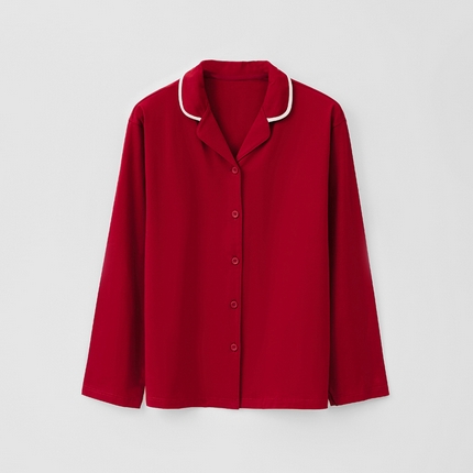 91家纺网 家纺一手货源 找家纺 EH 2024新款全棉男女情侣款家居服-男女款翻领 女款绛红色