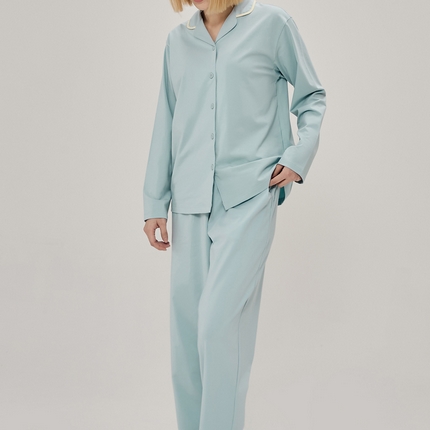 91家纺网 家纺一手货源 找家纺 EH 2024新款全棉男女情侣款家居服-女款翻领 浅云绿