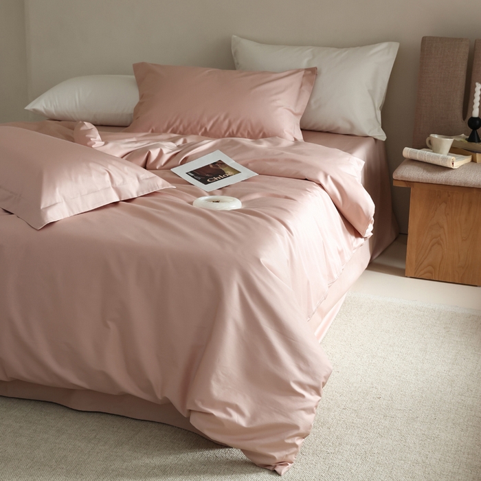 91家纺网 家纺一手货源 找家纺 轩和 2024新款70支埃及匹马棉纯棉纯色四件套风格二 画眉粉