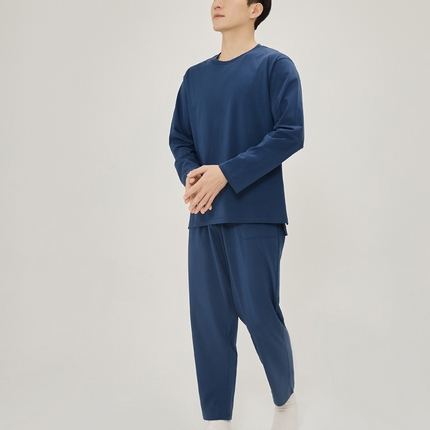 91家纺网 家纺一手货源 找家纺 EH 2024新款全棉男女情侣款家居服-男款圆领 莓蓝