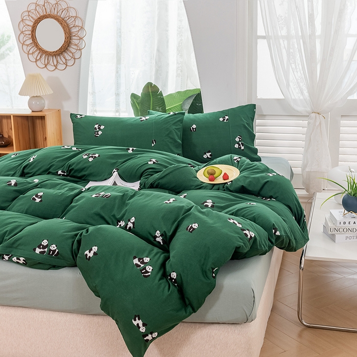 91家纺网 家纺一手货源 找家纺 优姿家纺2024新款A类全棉针织棉系列四件套 熊猫团子-绿