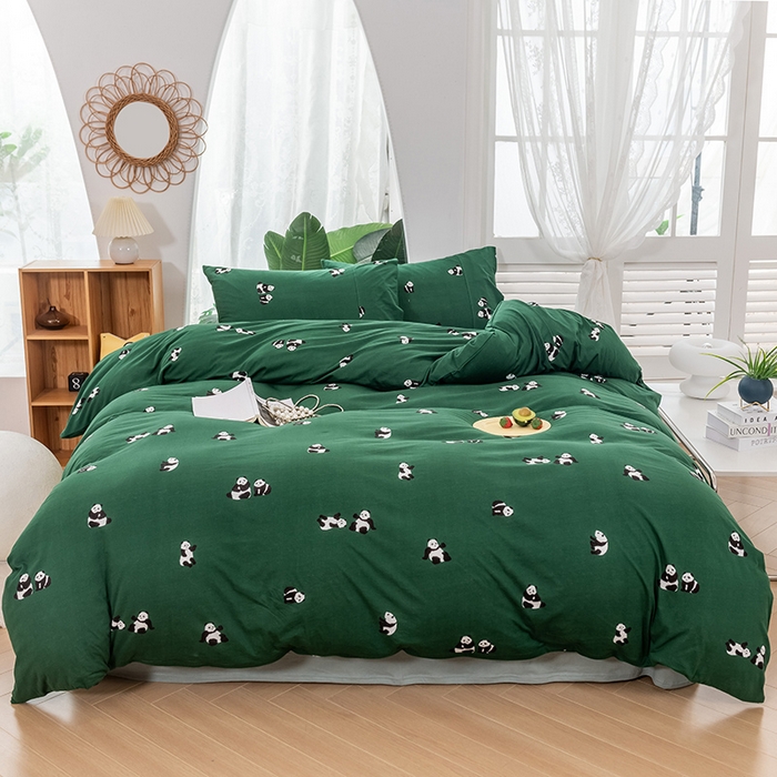 91家纺网 家纺一手货源 找家纺 优姿家纺2024新款A类全棉针织棉系列四件套 熊猫团子-绿