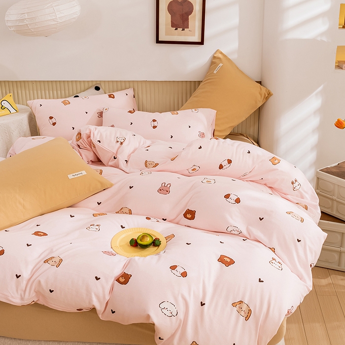 91家纺网 家纺一手货源 找家纺 优姿家纺2024新款A类全棉针织棉系列四件套 维尼家族-粉