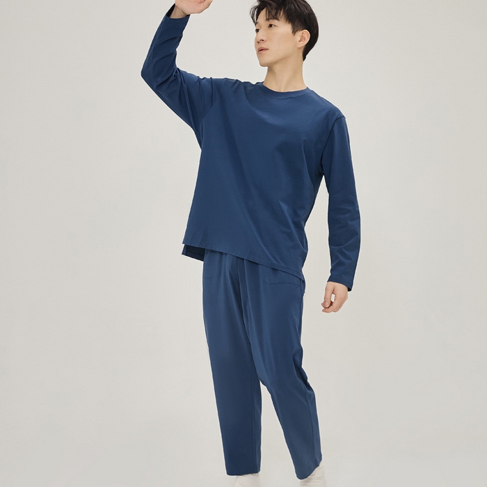 91家纺网 家纺一手货源 找家纺 EH 2024新款全棉男女情侣款家居服-男款圆领 莓蓝