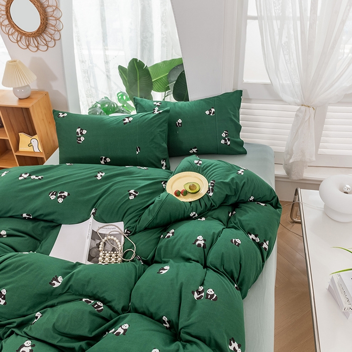 91家纺网 家纺一手货源 找家纺 优姿家纺2024新款A类全棉针织棉系列四件套 熊猫团子-绿