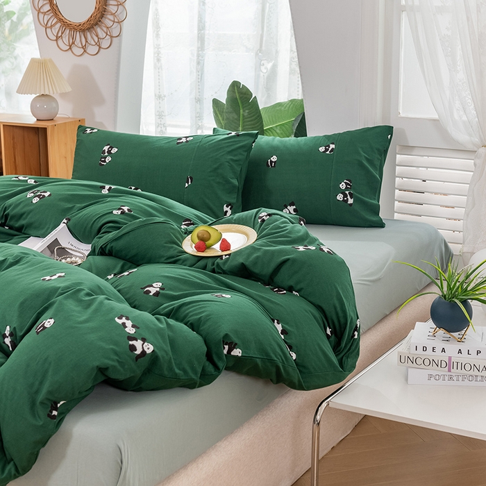 91家纺网 家纺一手货源 找家纺 优姿家纺2024新款A类全棉针织棉系列四件套 熊猫团子-绿