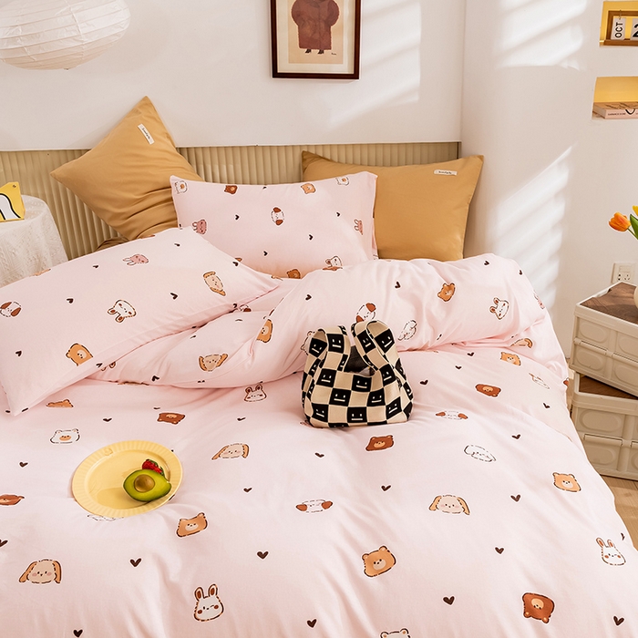 91家纺网 家纺一手货源 找家纺 优姿家纺2024新款A类全棉针织棉系列四件套 维尼家族-粉