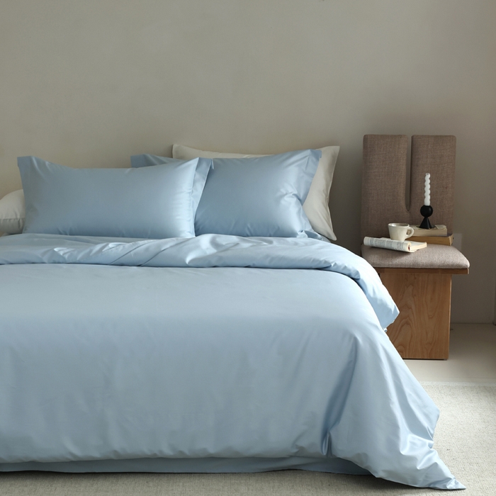 91家纺网 家纺一手货源 找家纺 轩和 2024新款70支埃及匹马棉纯棉纯色四件套风格二 天青蓝