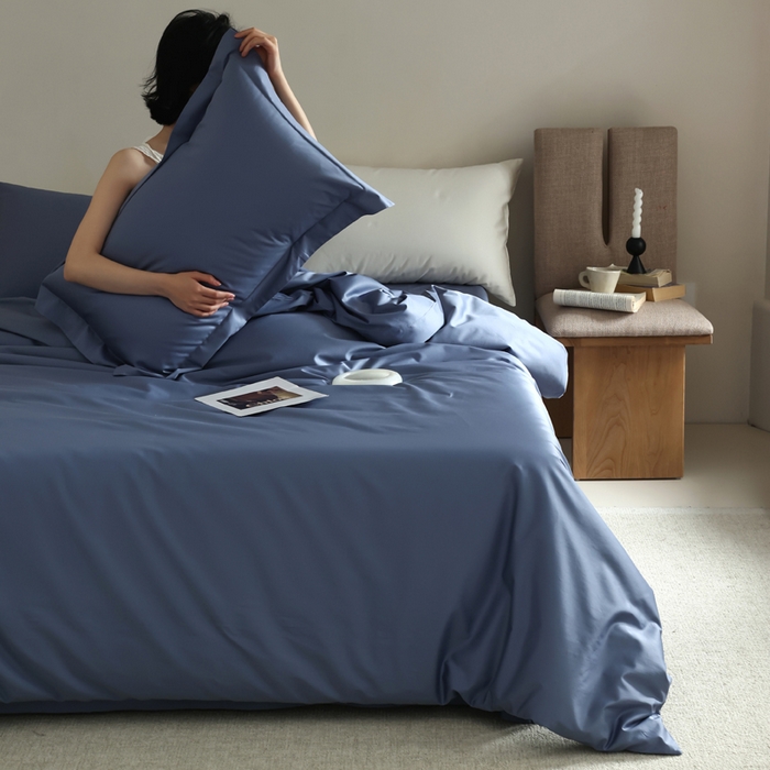 91家纺网 家纺一手货源 找家纺 轩和 2024新款70支埃及匹马棉纯棉纯色四件套风格二 珐琅蓝