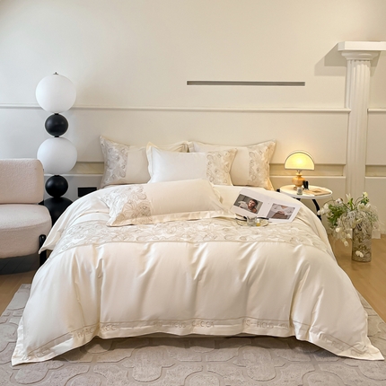 红嘴企鹅 2025新款无花果水洗真丝四件套 无花果-奶白