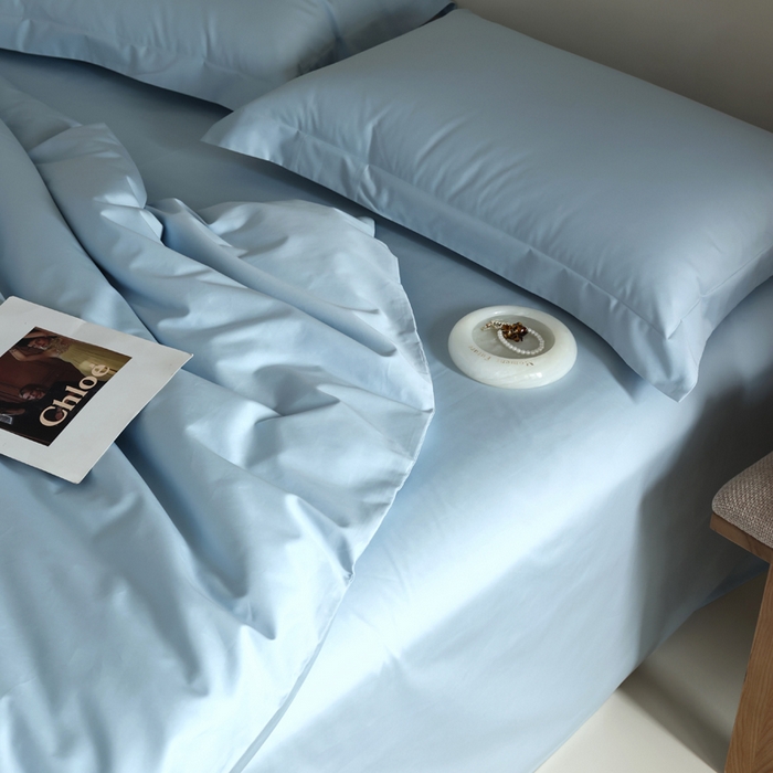 91家纺网 家纺一手货源 找家纺 轩和 2024新款70支埃及匹马棉纯棉纯色四件套风格二 天青蓝