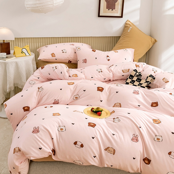 91家纺网 家纺一手货源 找家纺 优姿家纺2024新款A类全棉针织棉系列四件套 维尼家族-粉