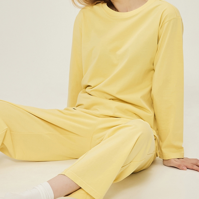 91家纺网 家纺一手货源 找家纺 EH 2024新款全棉男女情侣款家居服-男女款圆领 女款鹅黄色