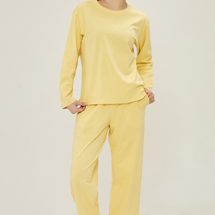 EH 2024新款全棉男女情侣款家居服-男女款圆领 女款鹅黄色