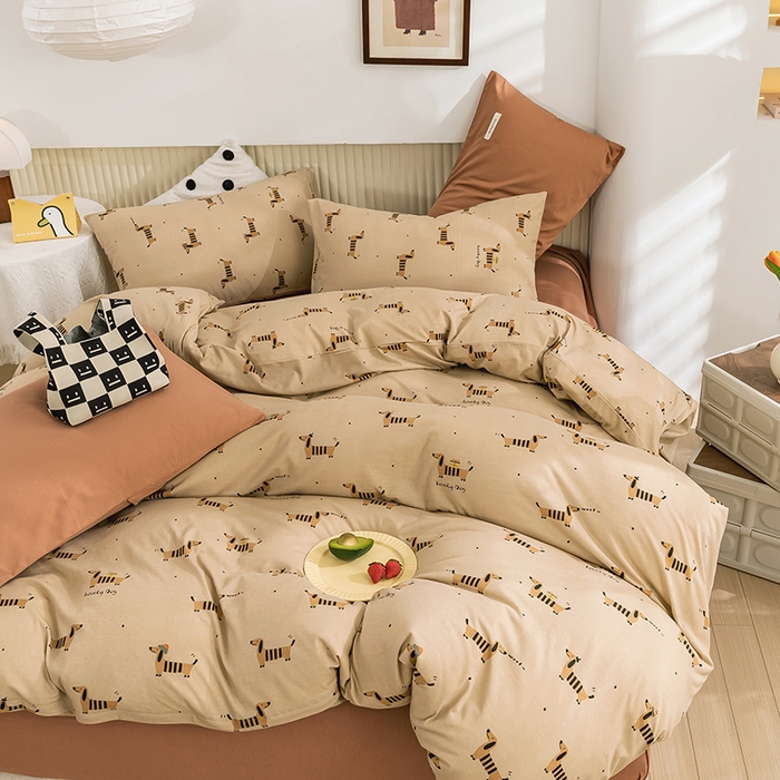 91家纺网 家纺一手货源 找家纺 优姿家纺2024新款A类全棉针织棉系列四件套 线条狗-咖