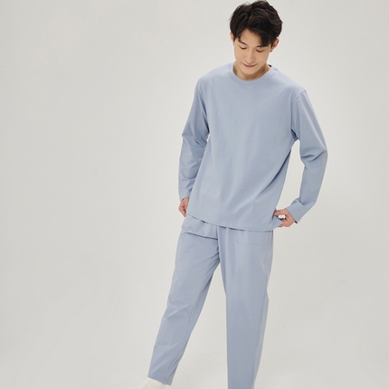 EH 2024新款全棉男女情侣款家居服-男款圆领 云蓝色