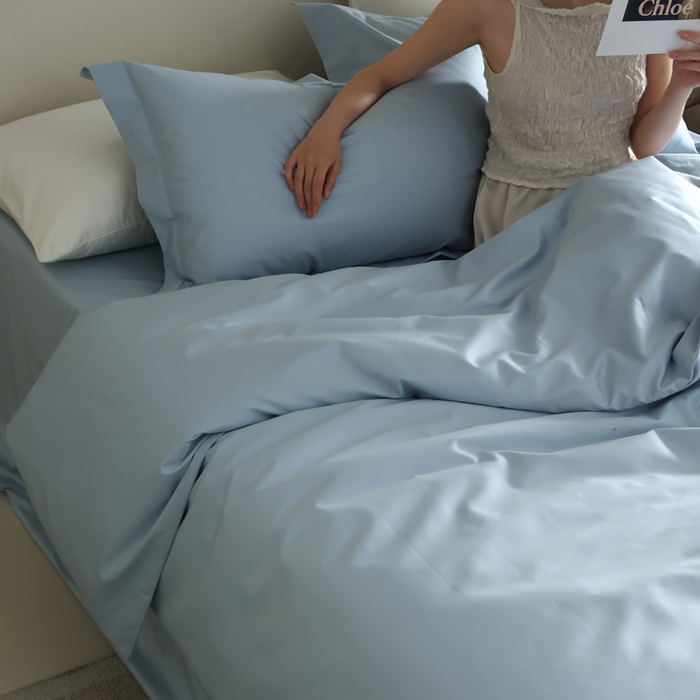 91家纺网 家纺一手货源 找家纺 轩和 2024新款70支埃及匹马棉纯棉纯色四件套风格二 天青蓝