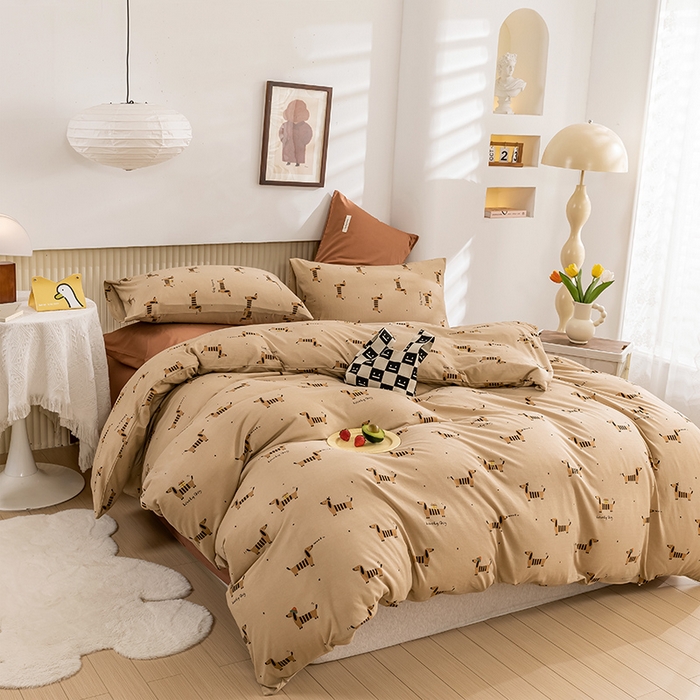 91家纺网 家纺一手货源 找家纺 优姿家纺2024新款A类全棉针织棉系列四件套 线条狗-咖