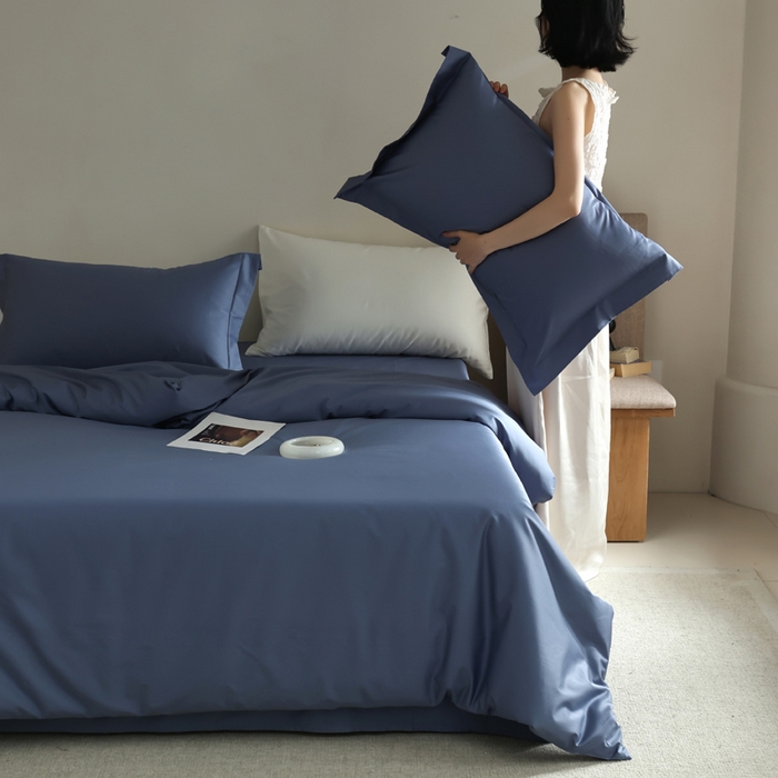 91家纺网 家纺一手货源 找家纺 轩和 2024新款70支埃及匹马棉纯棉纯色四件套风格二 珐琅蓝