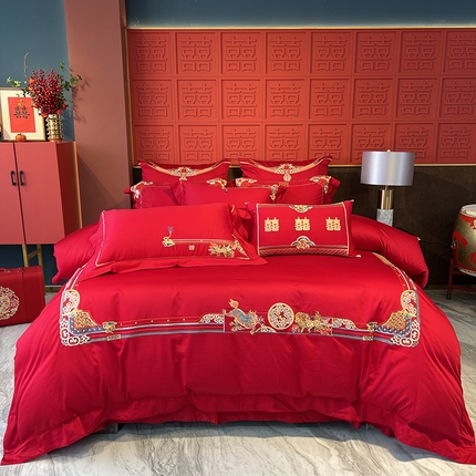 91家纺网 家纺一手货源 找家纺 佳汐蓝 2024新款100支全棉刺绣婚庆四件套多件套--浓情 福禄喜缘