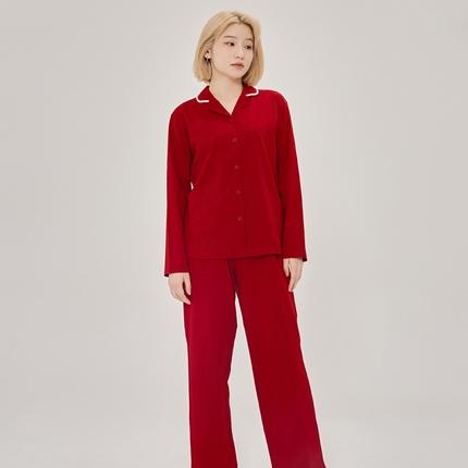 EH 2024新款全棉男女情侣款家居服-女款翻领 绛红色