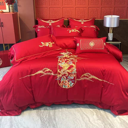 91家纺网 家纺一手货源 找家纺 佳汐蓝 2024新款100支全棉刺绣婚庆四件套多件套--浓情 绽放