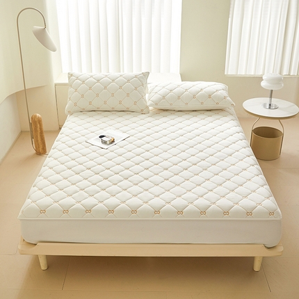 糯米猪 2024新款A类全棉刺绣色织水洗棉夹棉床笠 奶油白