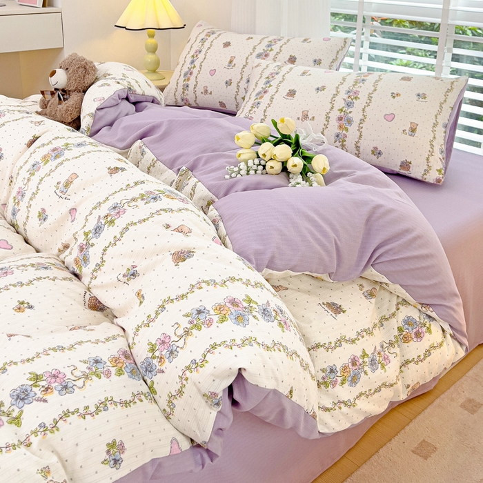 91家纺网 家纺一手货源 找家纺 暖芯优选2023新款超柔有氧小竺提花棉双层纱学生四件套 熊熊乐园