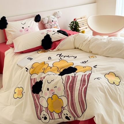 柠馨 2024新款卡通贴布绣加厚定织全棉水洗棉四件套 爆米花小狗（送抱枕）