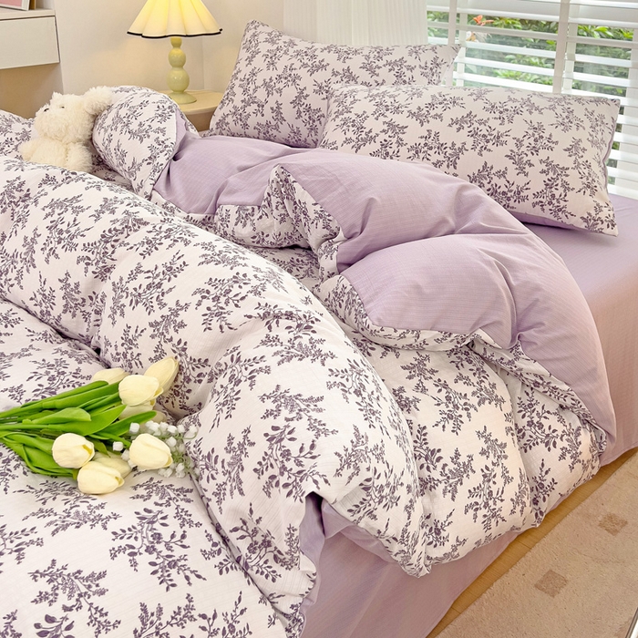 91家纺网 家纺一手货源 找家纺 暖芯优选2023新款超柔有氧小竺提花棉双层纱学生四件套 花枝晓