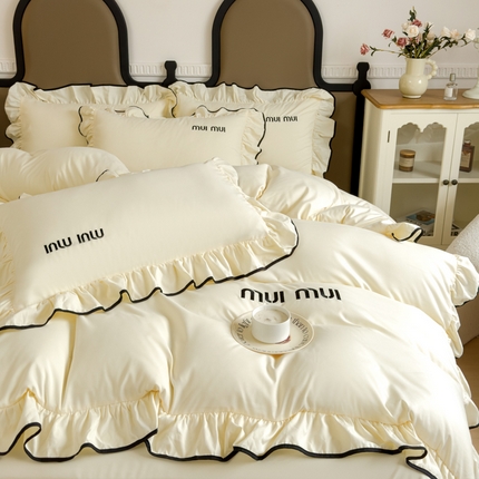 91家纺网 家纺一手货源 找家纺 千希家纺 2024新款爆款法式包边花边款刺绣四件套-丽莎系列 丽莎-奶油黄