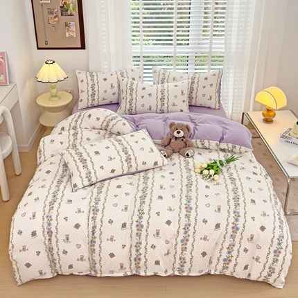 暖芯优选2023新款超柔有氧小竺提花棉双层纱学生四件套 熊熊乐园