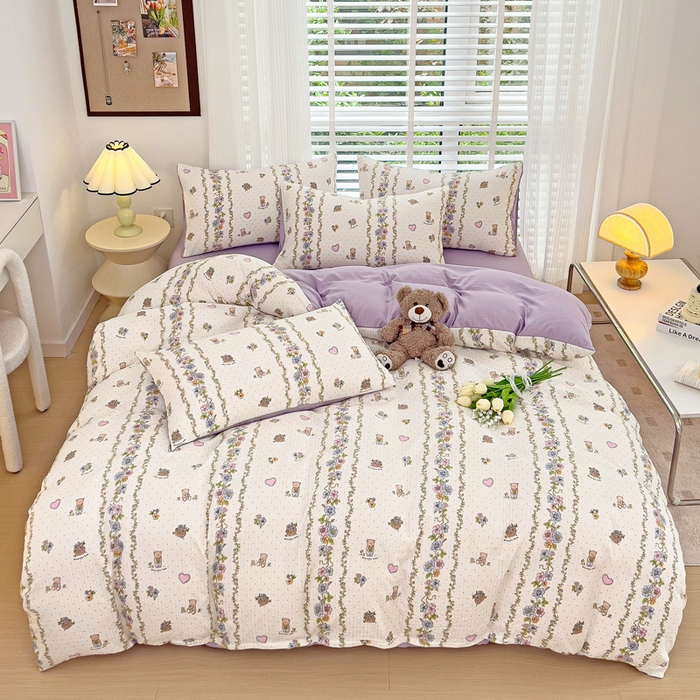 91家纺网 家纺一手货源 找家纺 暖芯优选2023新款超柔有氧小竺提花棉双层纱学生四件套 熊熊乐园