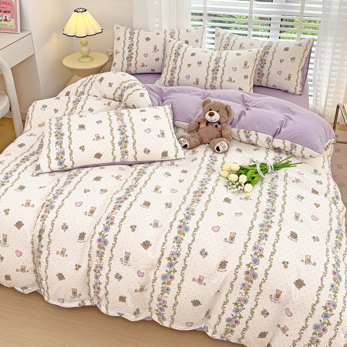 91家纺网 家纺一手货源 找家纺 暖芯优选2023新款超柔有氧小竺提花棉双层纱学生四件套 熊熊乐园