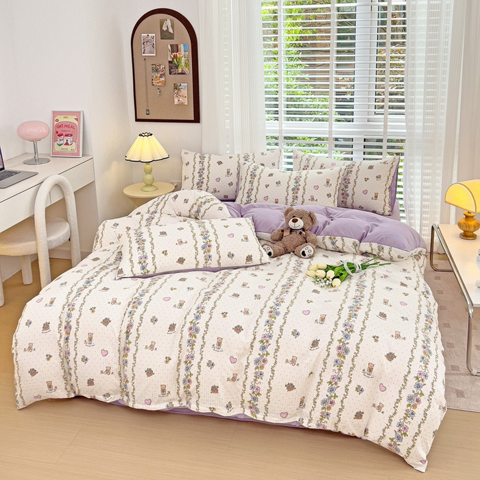 91家纺网 家纺一手货源 找家纺 暖芯优选2023新款超柔有氧小竺提花棉双层纱学生四件套 熊熊乐园